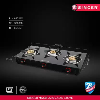 Singer Maxiflare 3 GS Glass Manual Gas Stove  (3 Burners) Singer Maxiflare 3 GS Glass Manual Gas Stove  (3 Burners)